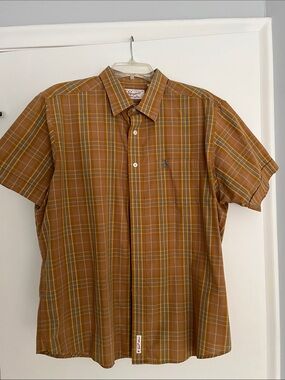 Original Penguin Short-Sleeve Plaid Button-Down in Gold Tones and Turquoise XL